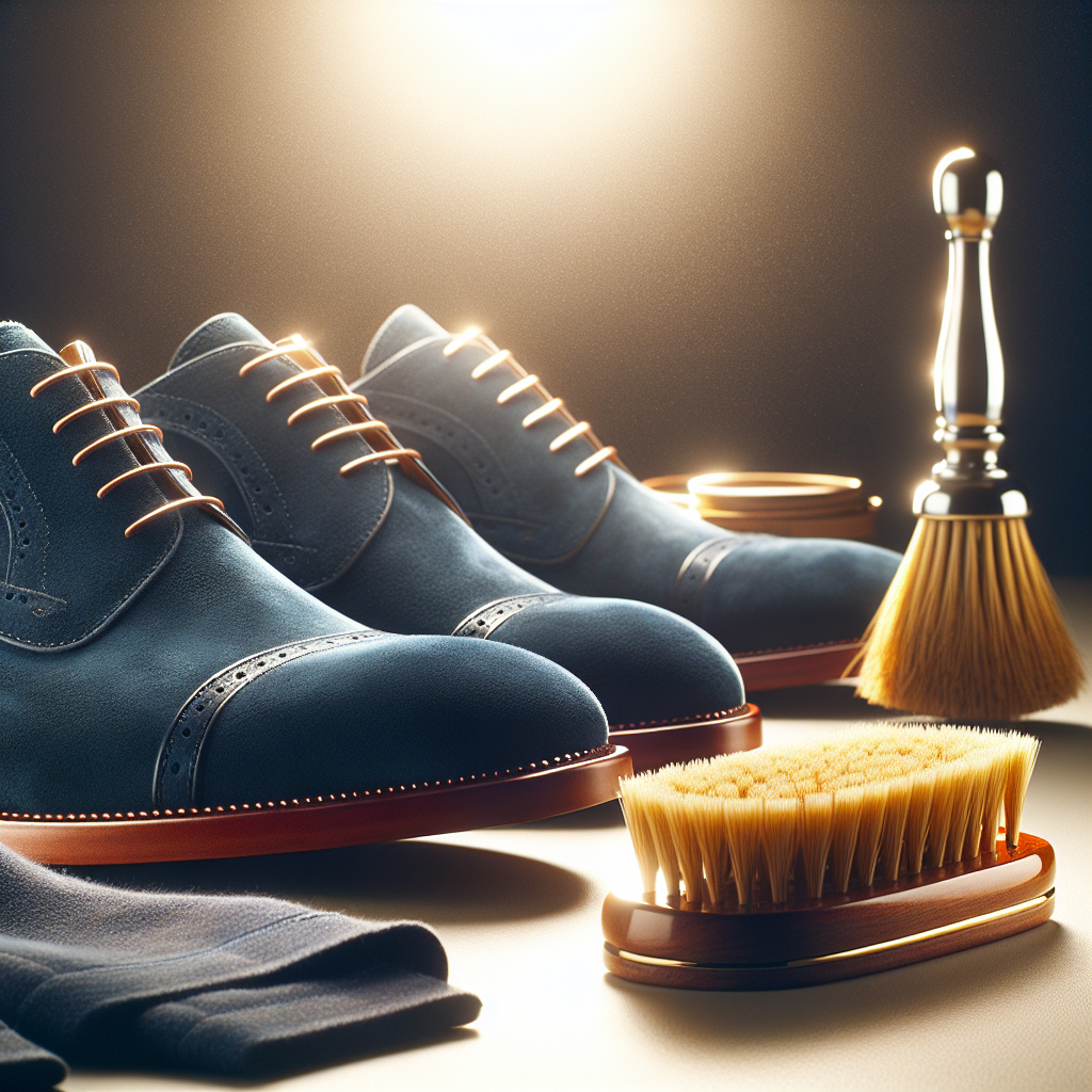 A pair of perfectly clean and restored dark blue suede shoes, looking pristine. A soft suede brush lies next to them on a clean, light surface. Elegant lighting, realistic, high detail.