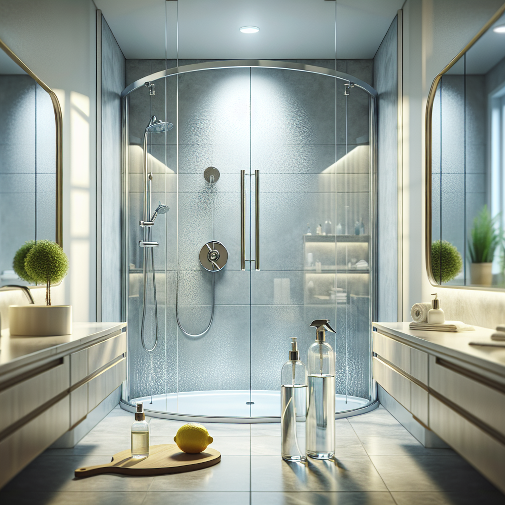 A sparkling clean, modern shower glass door and chrome fixtures, gleaming and streak-free after cleaning. In the foreground, a spray bottle of vinegar-water solution and a fresh lemon half are neatly arranged on a bathroom counter, hinting at natural cleaning methods. Bright, inviting bathroom, focus on cleanliness and fresh feeling. Realistic, high detail.