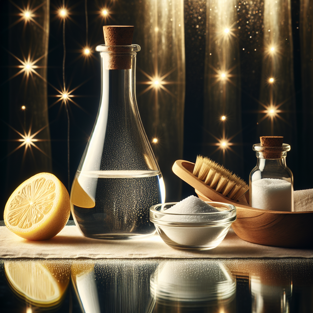 A perfectly clean, sparkling glass surface, reflecting light brilliantly, free of any water spots or streaks. In the foreground, artfully arranged and slightly blurred, are natural cleaning ingredients: a glass bottle of vinegar, a freshly cut lemon, and a small wooden bowl with white baking soda. Bright, fresh, and clean product photography aesthetic.