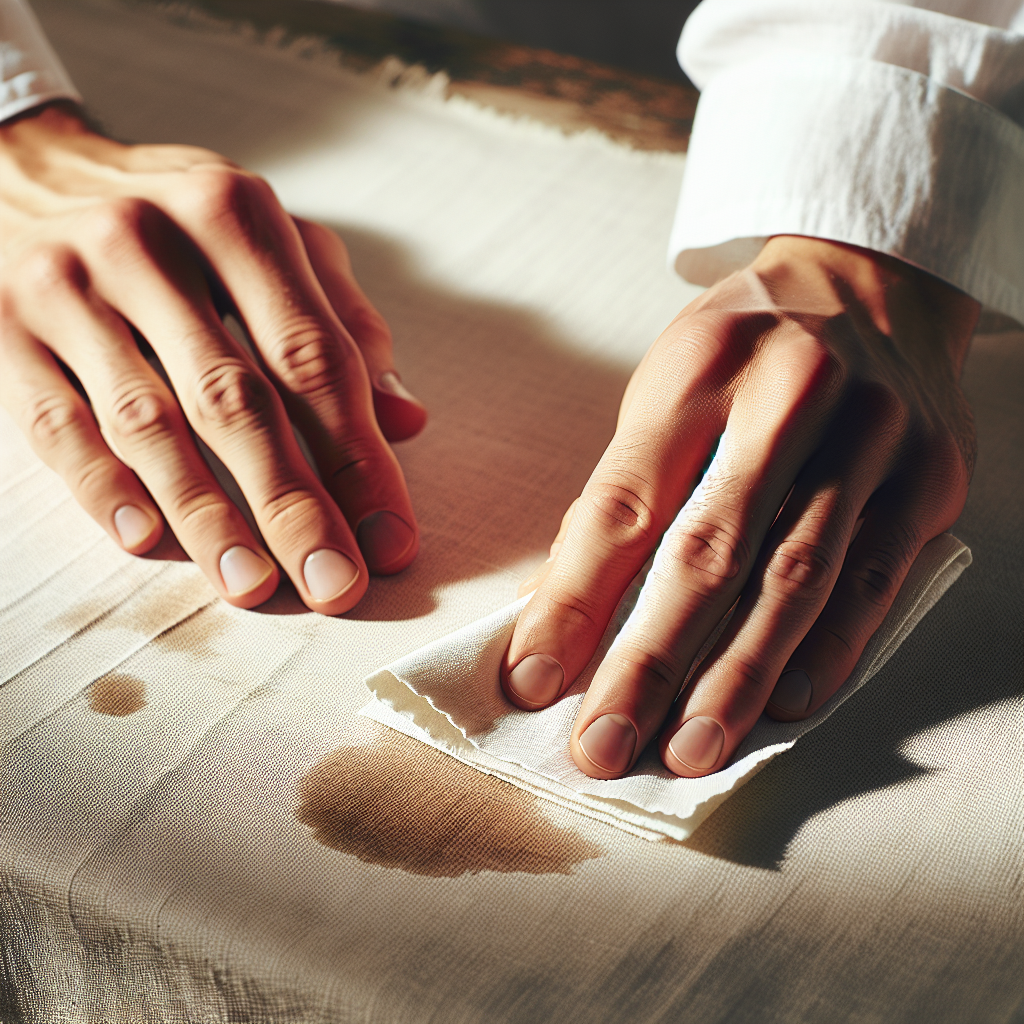 A pair of hands, gently dabbing a fresh water stain on a piece of light-colored fabric (like linen or cotton) with a clean, white cloth. The focus is on the action of blotting the stain, with a soft blur in the background. Bright, natural lighting, clean aesthetic.