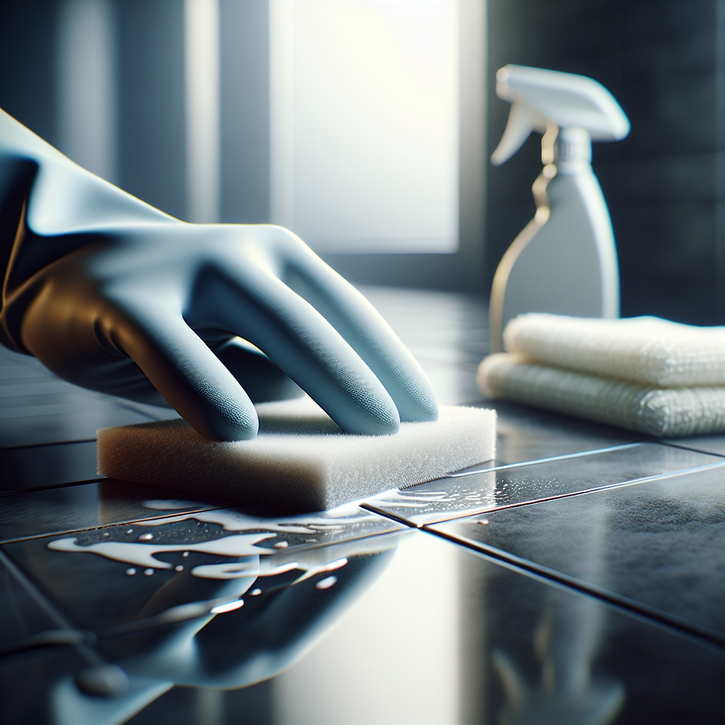 A close-up shot of a hand wearing a simple, clean glove, gently wiping away a white, chalky water stain from a dark ceramic tile in a bathroom. A spray bottle and a clean microfibre cloth are visible in the background, slightly out of focus. The lighting is bright and clean, emphasizing the cleaning action and the texture of the tile.