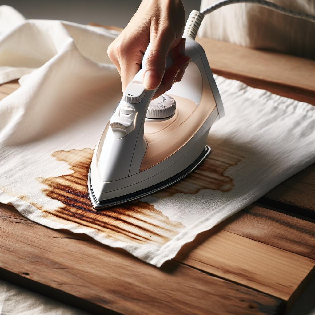A detailed close-up shot of a hand carefully performing the 'iron method' to remove a white water stain from wood. A clean, folded white cotton cloth is placed over a wooden surface, and a warm iron (no steam visible, set to low heat) is gently pressed onto the cloth. The wood surface shows subtle signs of a fading water stain beneath the cloth, conveying a sense of restoration and care. Warm, natural lighting, realistic, high-detail.