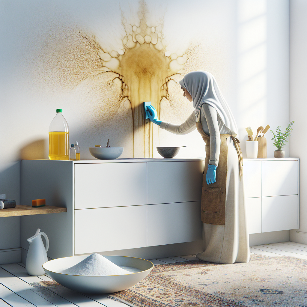 A realistic photograph showing a person gently dabbing a noticeable yellow-brown water stain on a bright, clean white wall in a modern home. A bowl containing baking soda or a bottle of vinegar is visible on a nearby shelf or counter, alongside a cleaning sponge. The scene is well-lit with natural light, conveying a sense of practical action and hopeful resolution to the stain problem.
