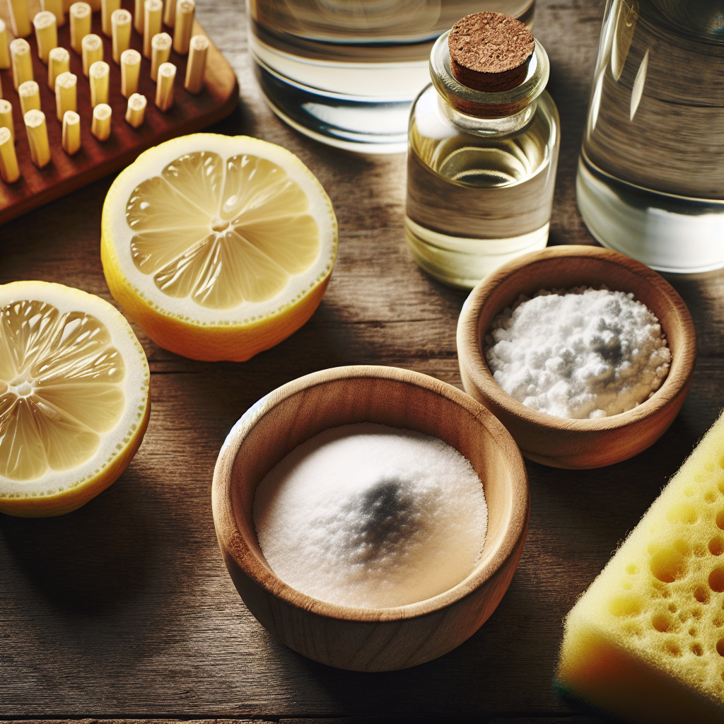 A close-up, overhead photograph showcasing an assortment of natural home remedy ingredients arranged neatly on a rustic wooden surface. Elements include fresh lemon halves, a small bowl of white powder (representing baking soda), and a bottle of clear liquid (symbolizing vinegar). A clean sponge is also present, subtly suggesting preparation for cleaning. The lighting is soft and warm, highlighting the natural and simple approach to stain removal.