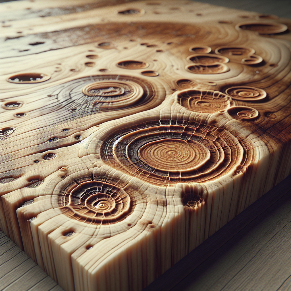 A realistic, detailed close-up of a section of an untreated wooden surface, possibly a table or countertop, showing multiple dried water stains. Some stains appear as lighter rings, while others are darker spots, contrasting with the natural, light brown grain of the wood. The lighting is soft and natural, highlighting the imperfections.