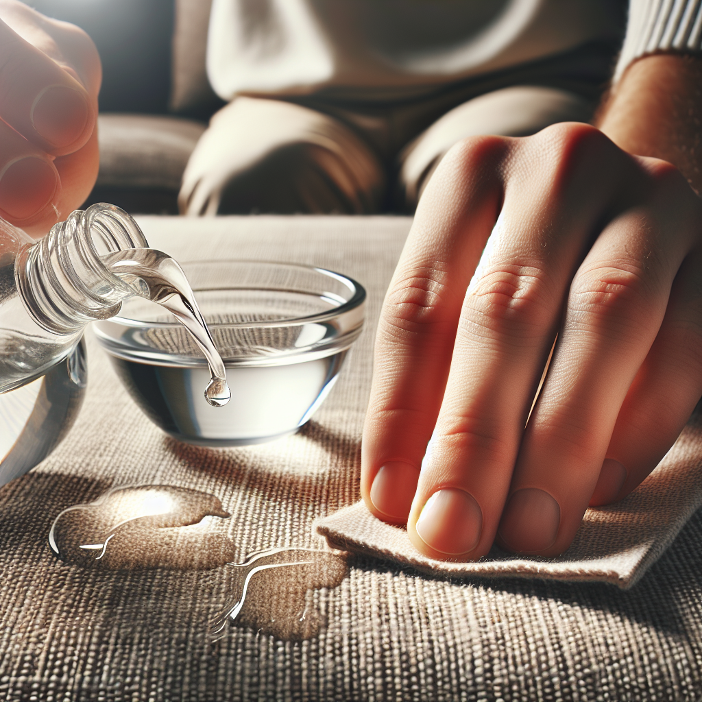 Close-up shot of a hand carefully applying a homemade cleaning solution, possibly diluted vinegar or mild soapy water, to a subtle water stain on a textured fabric couch. A small bowl with a clear liquid and a clean cloth are visible in the soft-focus background. Emphasis on gentle, effective cleaning with home remedies. Bright, clean aesthetic, realistic photography.
