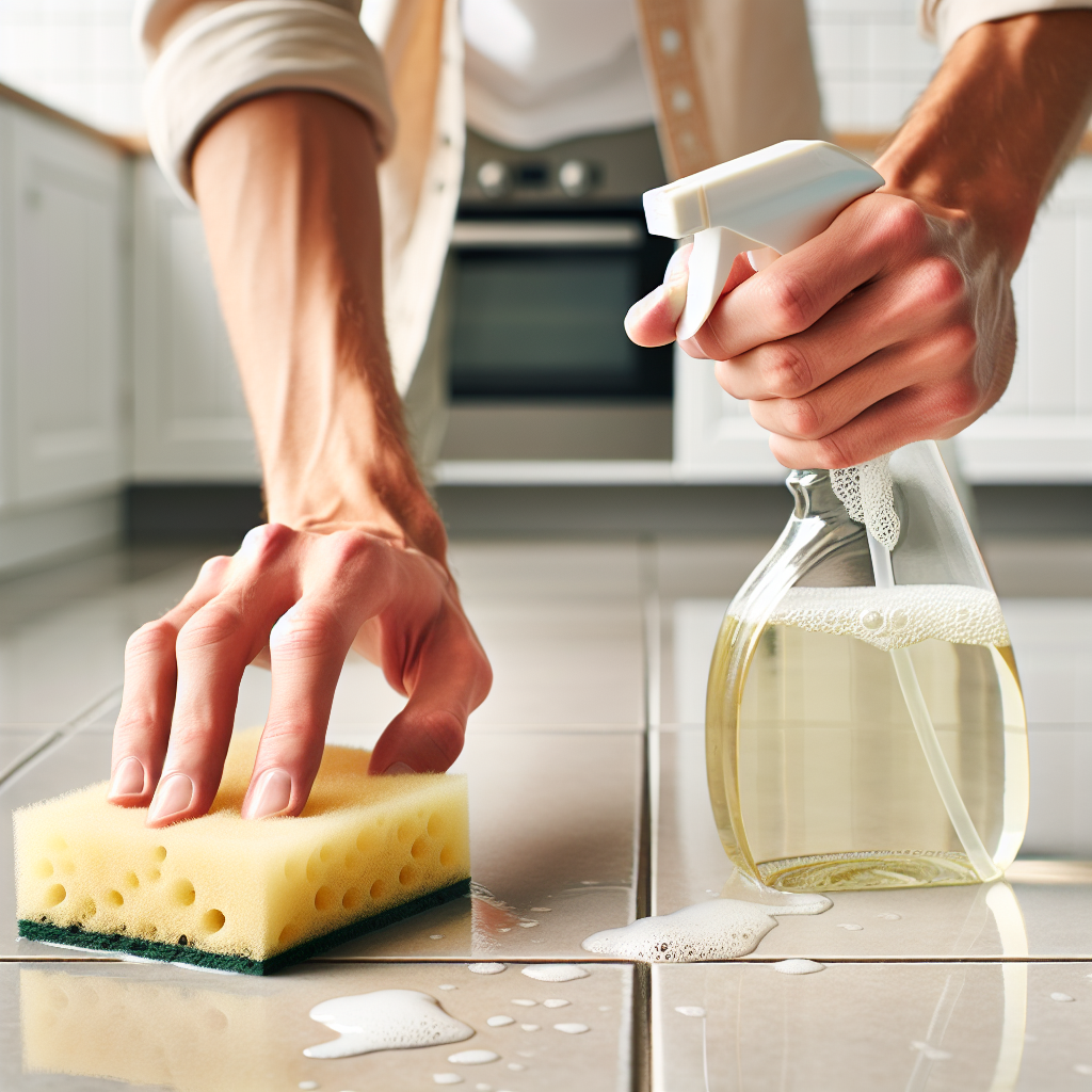 A person's hands (anonymous, focus on the action) gently wiping a section of light-colored kitchen tiles with a natural sponge and a simple spray bottle (implying a home remedy like vinegar or lemon solution) to remove visible water stains. One part of the tiles is already clean and sparkling, while another still shows faint stains, conveying the effective cleaning process and a sense of progress. Bright, clean aesthetic, focus on the action and practical solution.