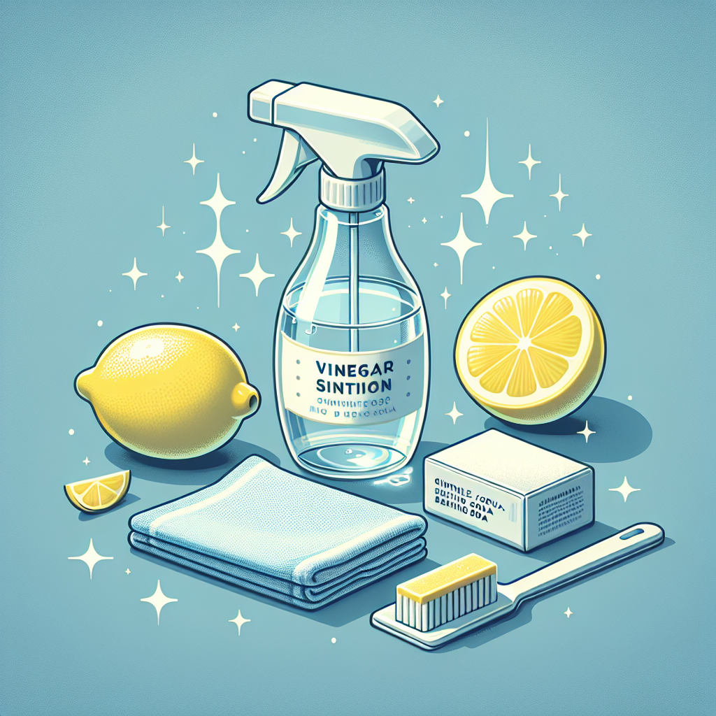A bright, clean still life composition showcasing effective home remedies for glass cleaning. The image features a clear glass spray bottle (implying vinegar solution), fresh lemon slices, a soft microfiber cloth, and a small container of baking soda. In the background, a sparkling clean glass surface reflects light, symbolizing the successful removal of water spots. Minimalist, inviting aesthetic.