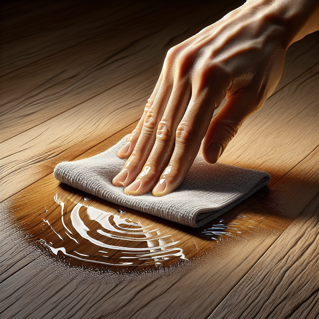A dynamic close-up shot showing a hand quickly blotting a fresh, wet water spill on a polished wooden surface with a soft, absorbent cloth. The water has just started to form a subtle, slightly darkened ring stain on the wood. The focus is on the immediate action of cleaning, with natural light highlighting the wood texture and the urgency of the moment. Realistic photo.