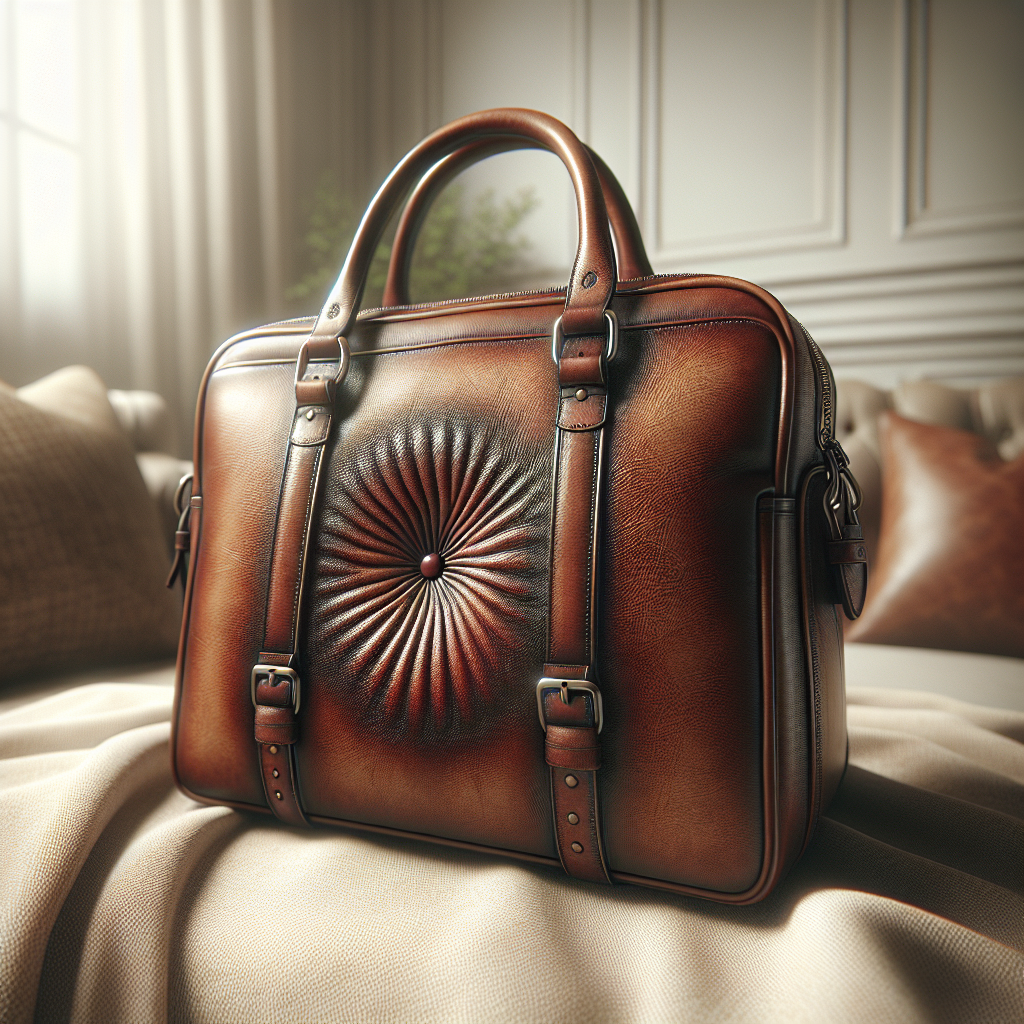 A close-up shot of a stylish brown leather satchel or handbag with a distinct, circular water stain visible on its surface, highlighting the textural difference. The background is softly blurred, suggesting a cozy home environment. Detailed, realistic, natural lighting.