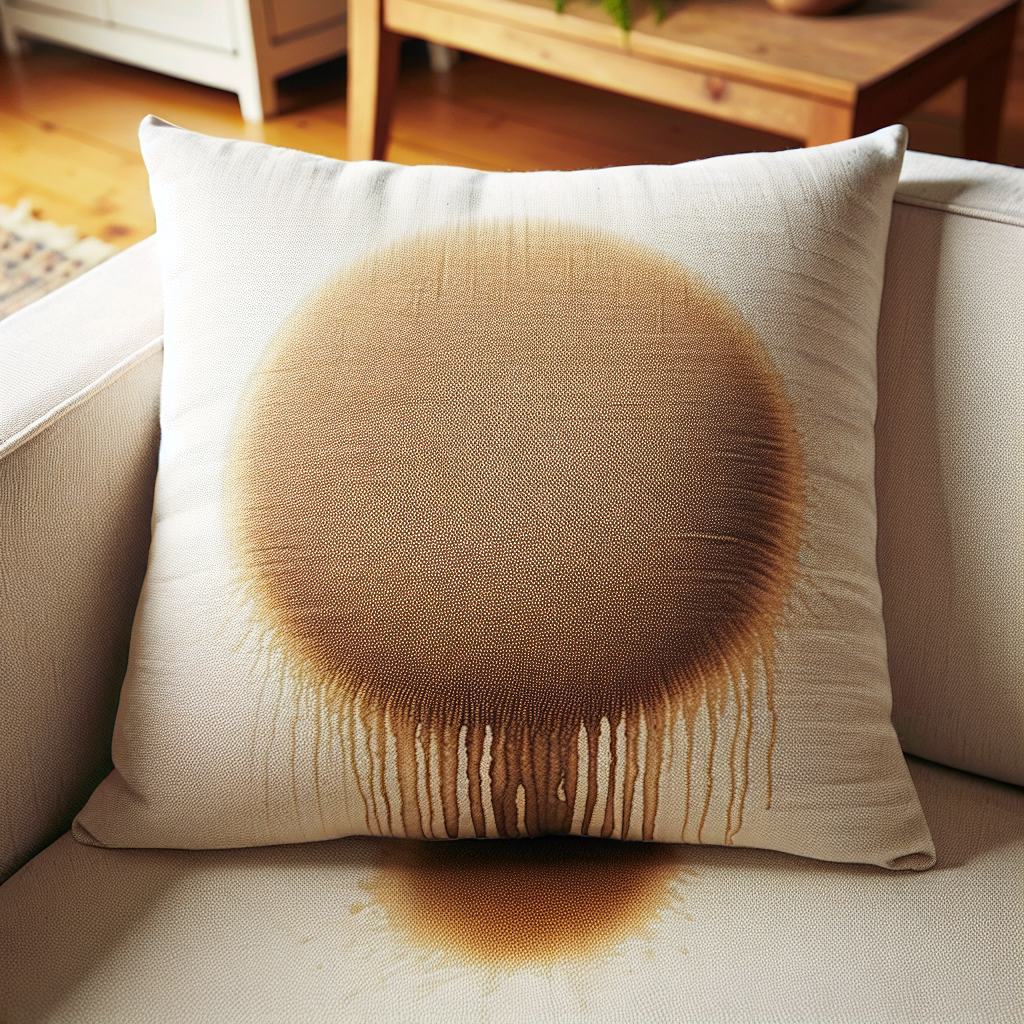 A close-up shot of a visible, unsightly water stain on a light-colored fabric sofa cushion. The stain is prominent and circular, contrasting with the clean fabric. Realistic, well-lit, home environment.