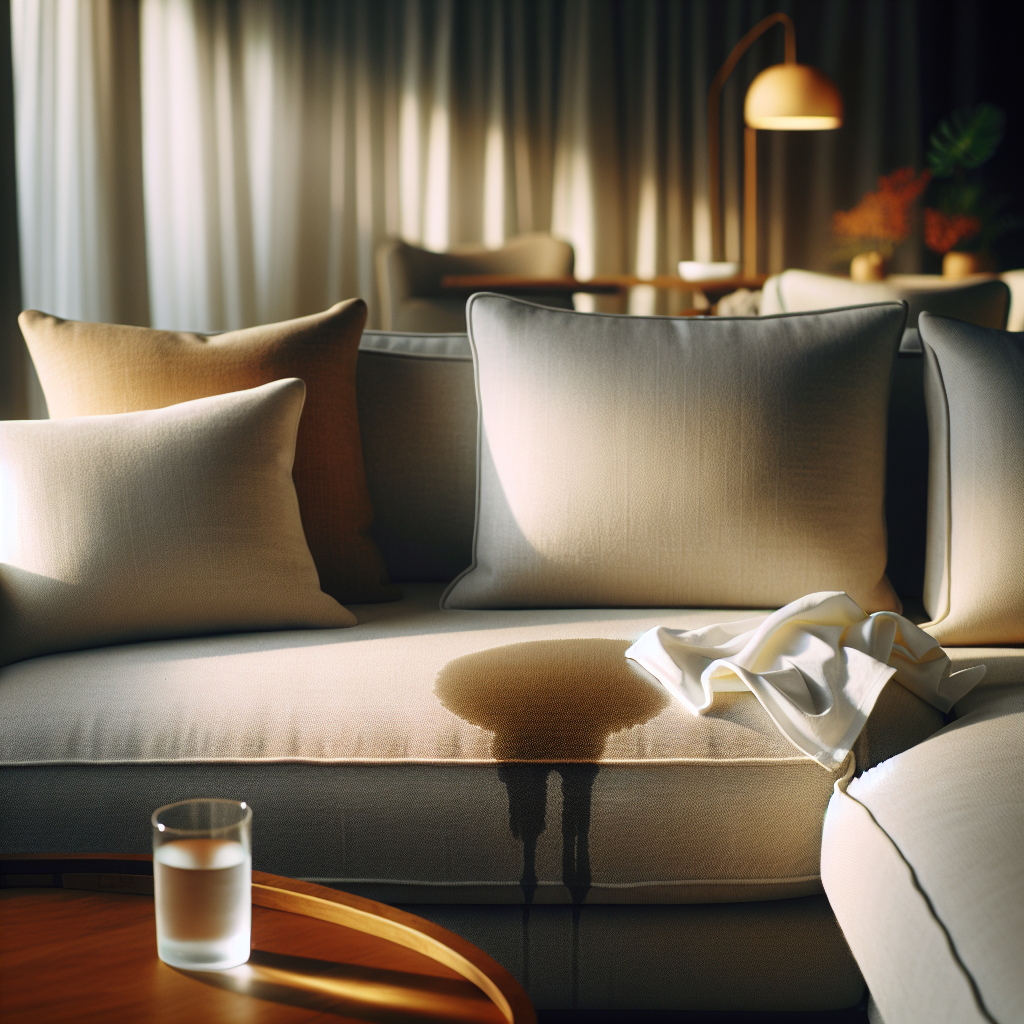 A light beige fabric sofa in a cozy, modern living room. A prominent, slightly darker water stain in the shape of a ring is visible on one of the cushions. A hand with a clean, white cloth is gently dabbing the stained area. In the background, a subtly spilled glass of water is visible on a coffee table. Realistic, soft lighting, slightly desaturated colors.
