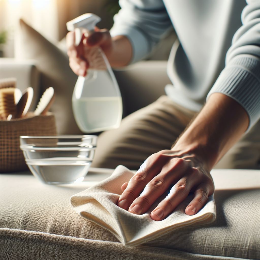 Close-up shot of a hand carefully cleaning a light-colored fabric sofa cushion. The hand holds a clean, slightly damp white cloth, gently wiping an area that now looks fresh and clean. In the background, a small glass bowl with a subtle bottle of vinegar and a spray bottle are out of focus on a table, symbolizing home remedies. Soft, natural light, focus on the cleaning action.