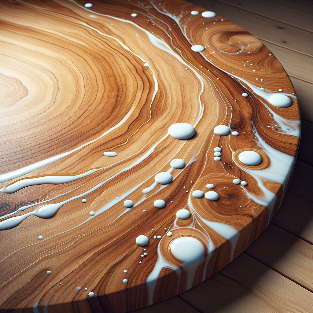 A close-up shot of a polished wooden table surface with several visible, milky white water rings and stains. The wood grain is clearly visible, and the rings detract from its beauty. Natural lighting emphasizes the problem. Realistic, high detail, studio photography style.