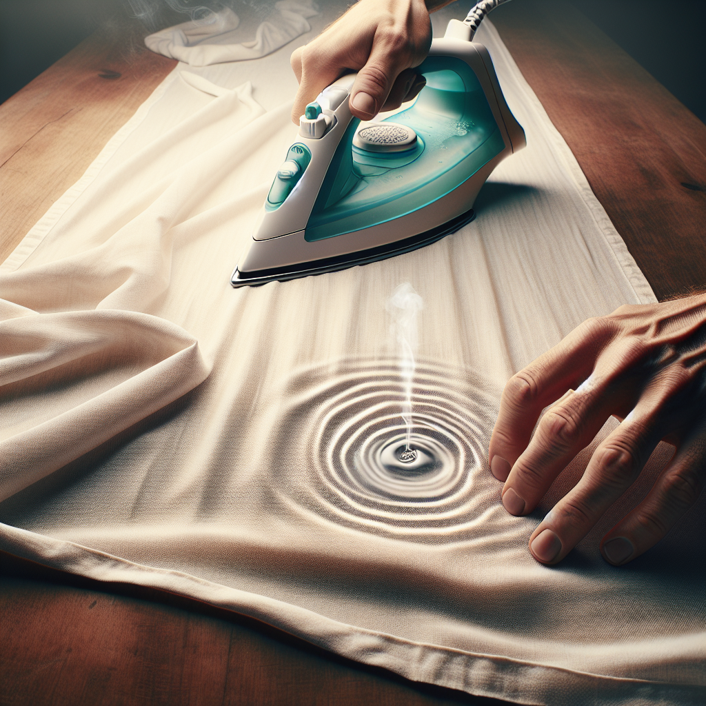 A pair of hands gently using a low-heat iron (without steam) over a thin white cotton cloth placed on a wooden table. Underneath or next to the cloth, a faint water ring is visible, indicating the process of removal. Soft, warm lighting, focus on the action and the table surface. Practical, realistic, and clean aesthetic.