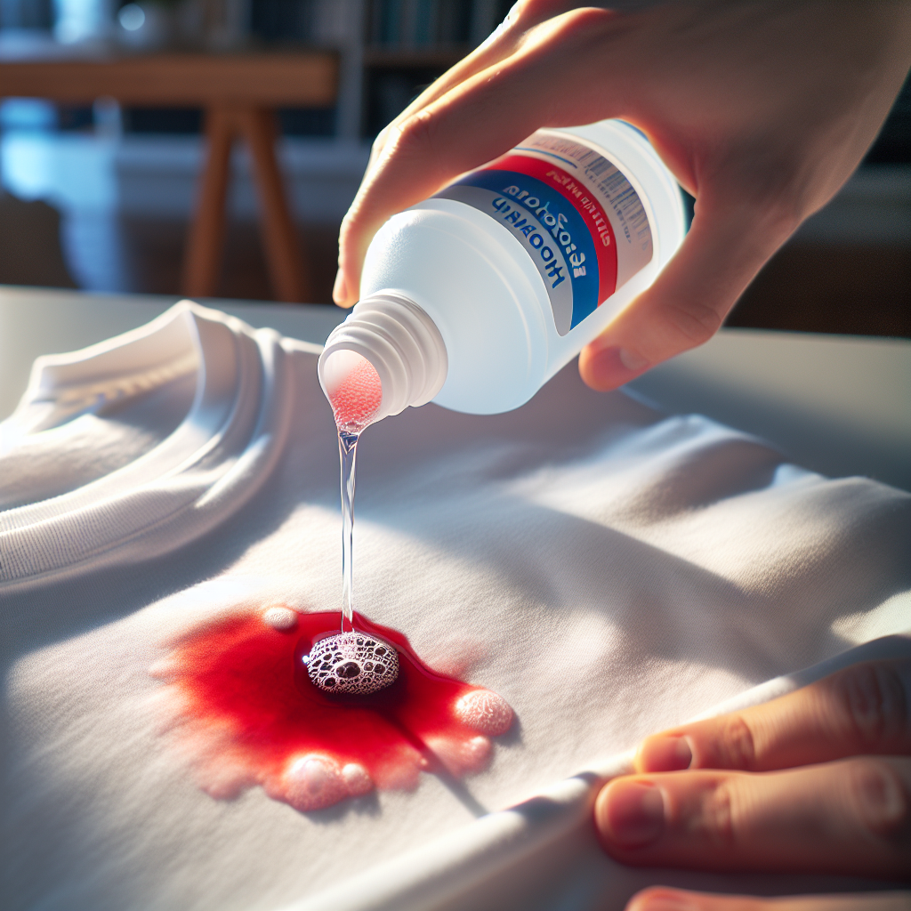 A close-up shot of a fresh red bloodstain on a piece of white fabric, such as a t-shirt or towel. A hand is gently pouring a clear liquid from a bottle labeled 'Hydrogen Peroxide' onto the stain, causing a visible, gentle foaming or fizzing reaction on the fabric. The background is blurred, suggesting a clean, domestic setting. Bright, natural lighting.