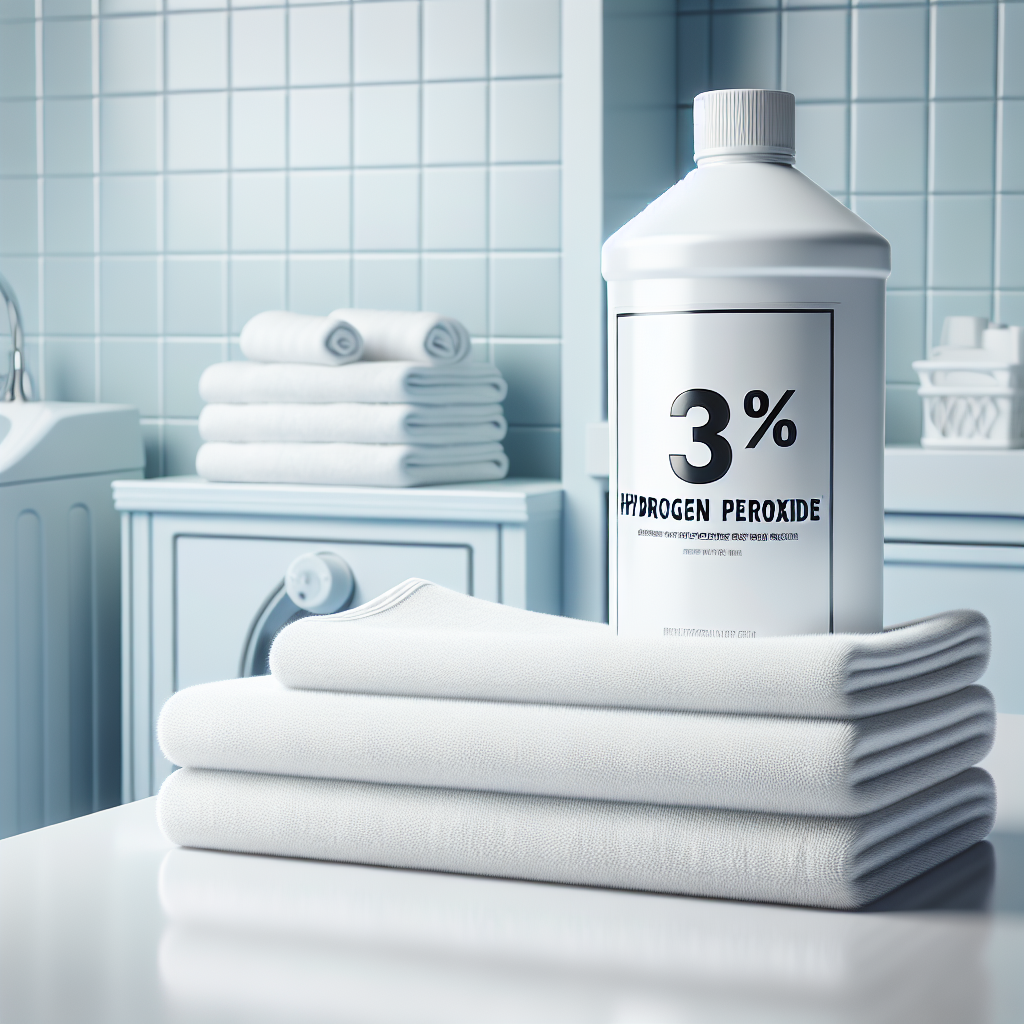 A pristine white bottle of 3% Hydrogen Peroxide standing on a clean, light-colored bathroom or laundry room countertop. Next to it, a neatly folded stack of white towels and a clean, absorbent cloth. The overall scene conveys a sense of cleanliness, effectiveness, and a reliable solution for tough stains, with a modern, bright aesthetic.