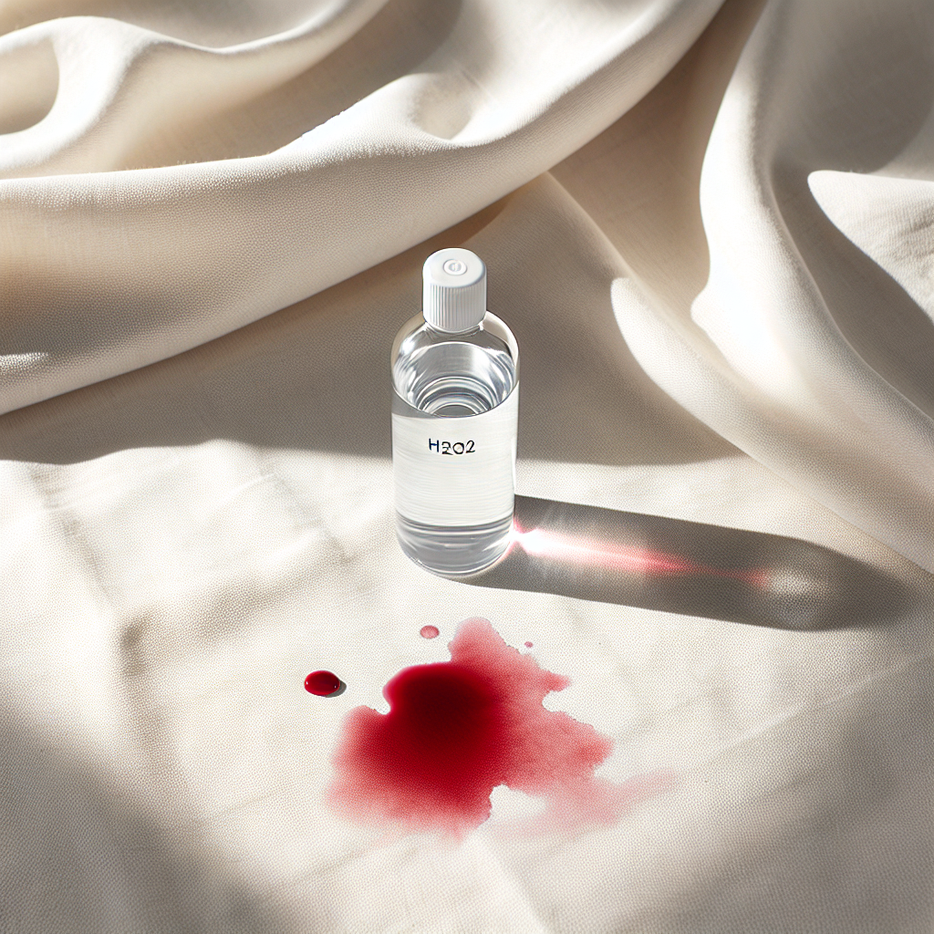 A minimalist, high-angle shot of a simple, clear bottle of hydrogen peroxide (H₂O₂) next to a vibrant red wine stain on a crisp white fabric. A single drop of liquid is suspended just above the stain, suggesting the start of the cleaning process. Soft, diffused natural light, clean aesthetic.