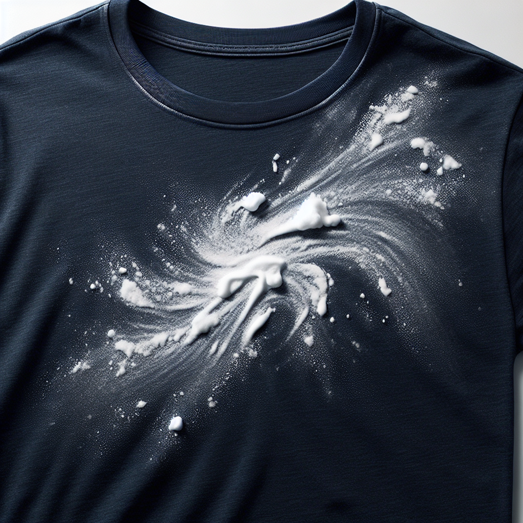 Close-up of a dark blue cotton t-shirt with a prominent white, smudged fabric softener stain on it. The stain is clearly visible and slightly greasy-looking, creating a feeling of mild frustration. Realistic photography style, well-lit, shallow depth of field.