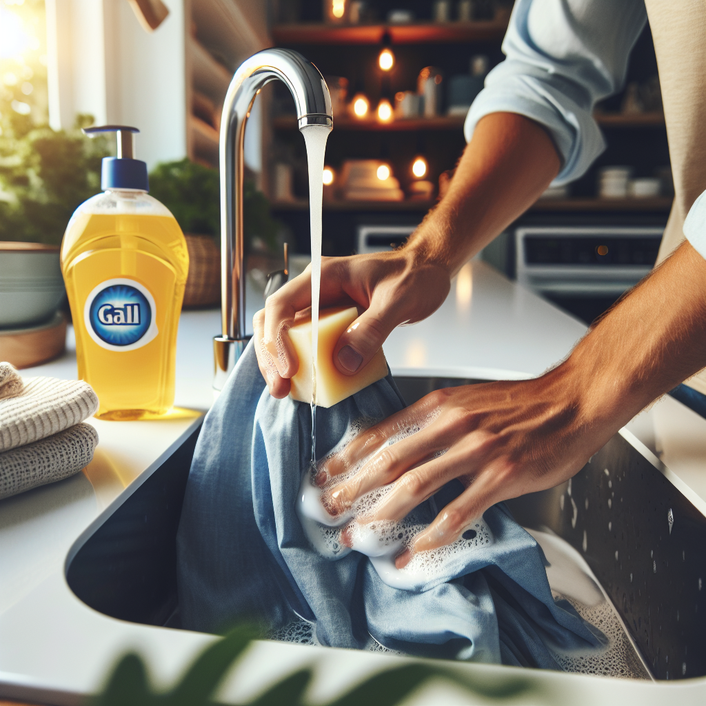 A pair of hands gently rubbing a bar of yellow gall soap onto a white fabric softener stain on a light blue garment, held over a modern laundry room sink under cold running water. The scene is clean, practical, and shows the initial step of stain treatment. Bright, natural lighting, focus on the action and the textures.