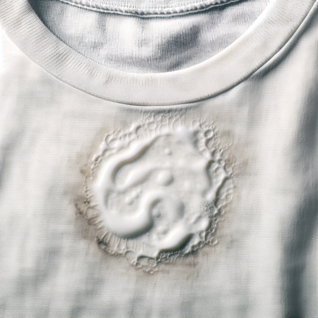 A close-up shot of a white t-shirt with a clearly visible, greasy, and slightly opaque fabric softener stain. The stain appears as an oily patch with subtle white or grey streaks on the fabric. The background is a soft, out-of-focus laundry setting, clean, detailed photo.