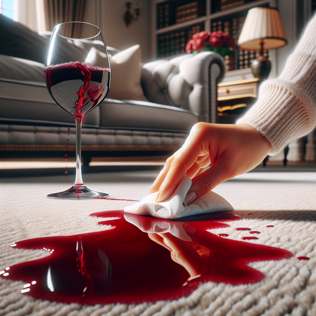 Close-up of a vibrant red wine stain freshly spilled on a light-colored, luxurious living room carpet. A hand gently dabs the wet stain with a white paper towel, showing the initial process of stain removal. Natural, soft lighting, realistic photography.