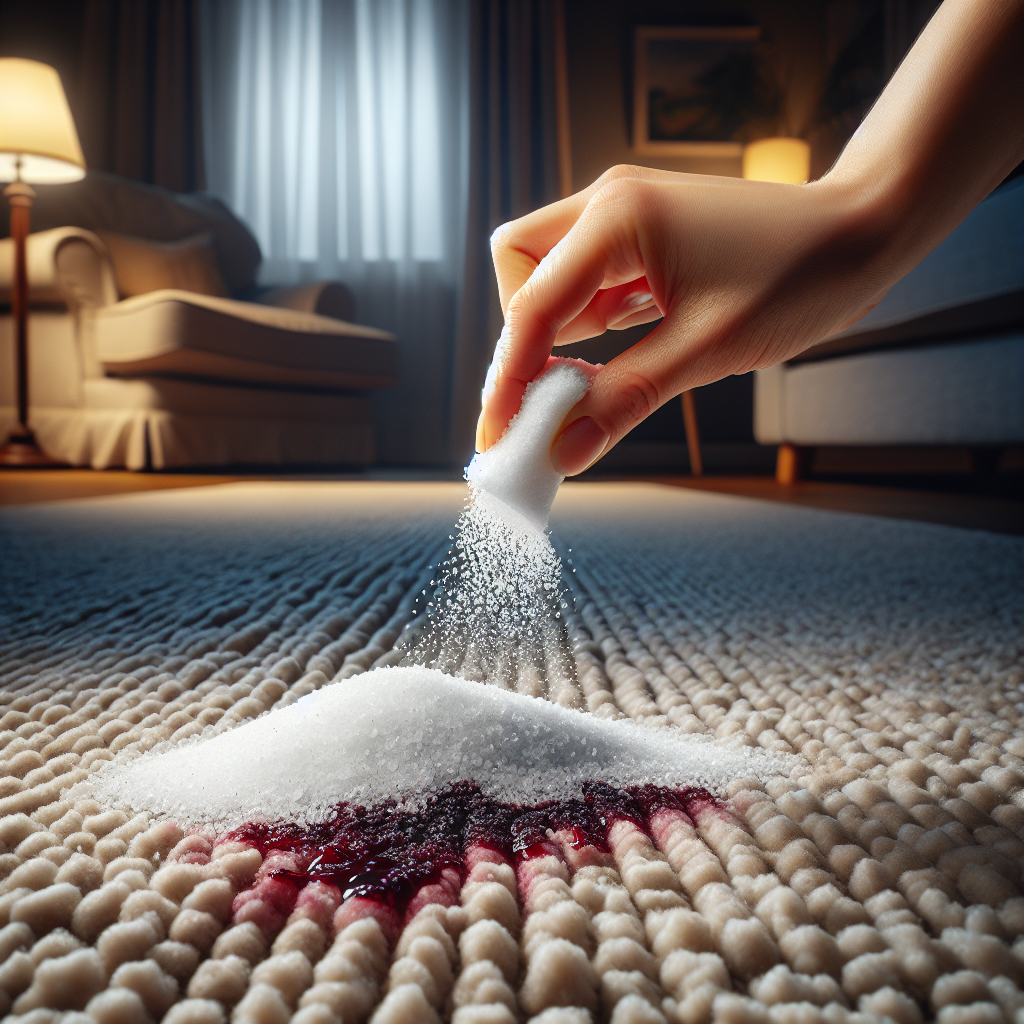 A clean hand generously sprinkling white crystalline salt onto a noticeable red wine stain on a textured beige living room carpet. Focus on the salt covering the stain, with soft, diffuse home lighting, realistic and detailed.