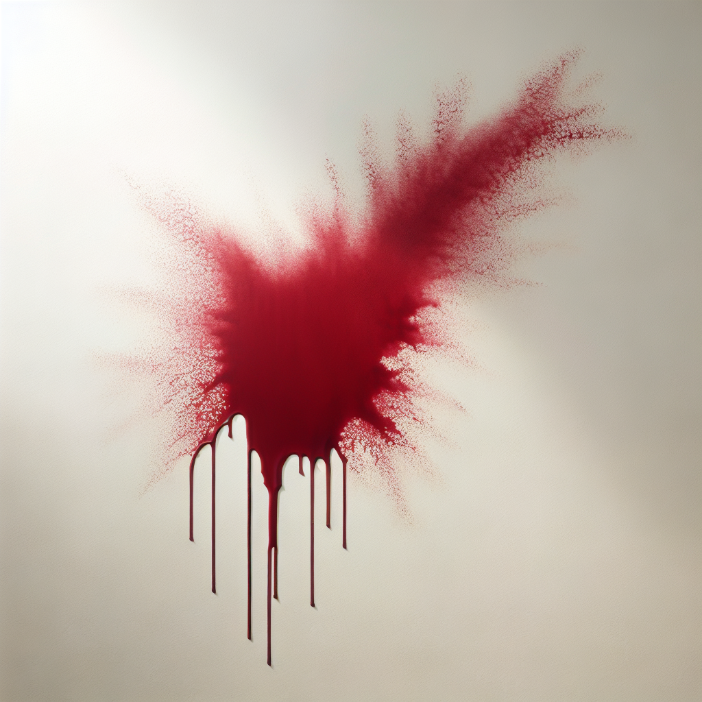 A prominent, vibrant red wine stain splattered on a clean, light-colored (white or cream) wall. The stain should look fresh and slightly textured, contrasting sharply with the pristine wall. Bright, natural lighting, realistic photography style.