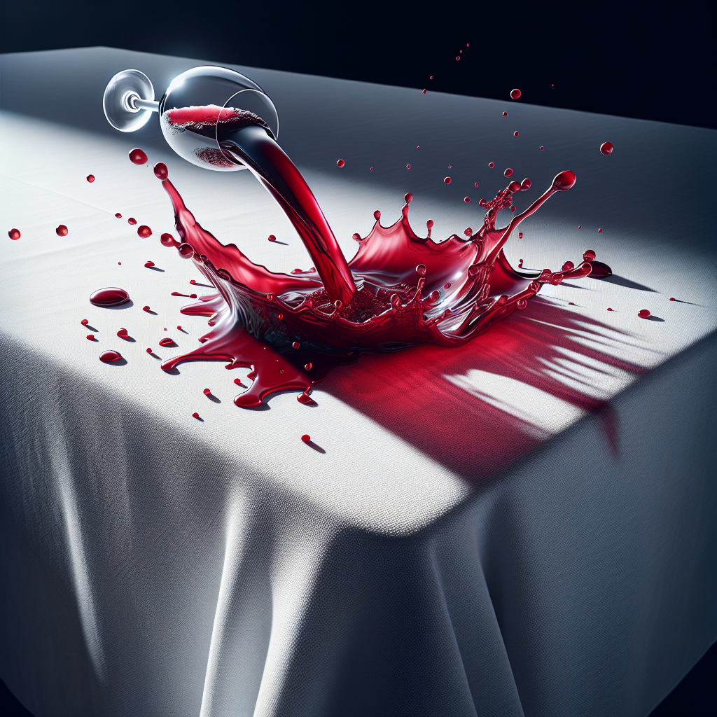 A close-up, high-contrast photo of a vivid red wine spilling and spreading onto a pristine white fabric tablecloth. The scene captures the instant of the accident, creating a sense of urgency. Realistic, bright lighting.