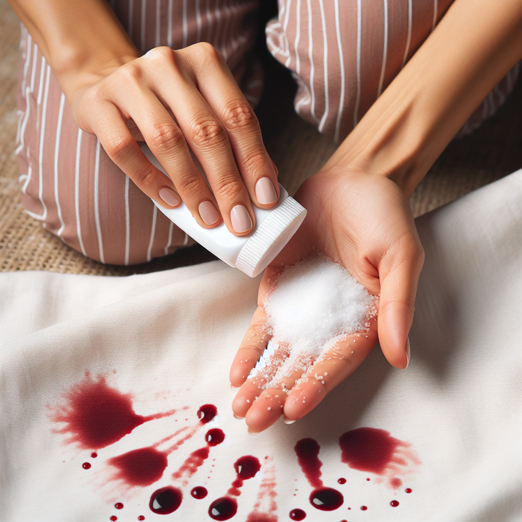 A person's hands gently and practically applying white salt directly onto a fresh red wine stain on a light-colored fabric, with the salt visibly beginning to absorb the wine. The image focuses on the practical action of stain removal, with clear details.