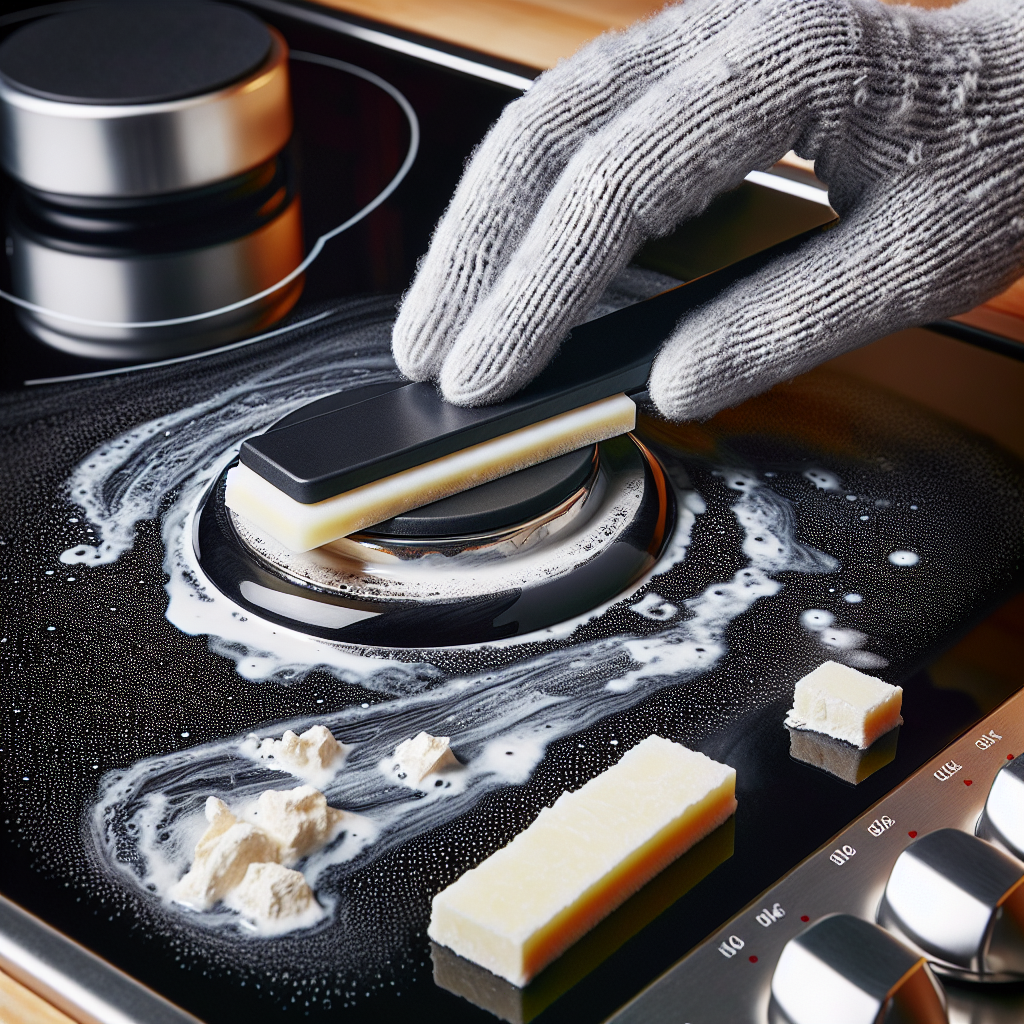 A close-up of a modern, sleek black ceramic hob with noticeable white, powdery limescale stains and some dried, milky residue. A hand is actively cleaning the hob with a specialized ceramic hob scraper, showing a section of the surface already gleaming clean, contrasting with the remaining stubborn white spots. Bright, clean kitchen background.
