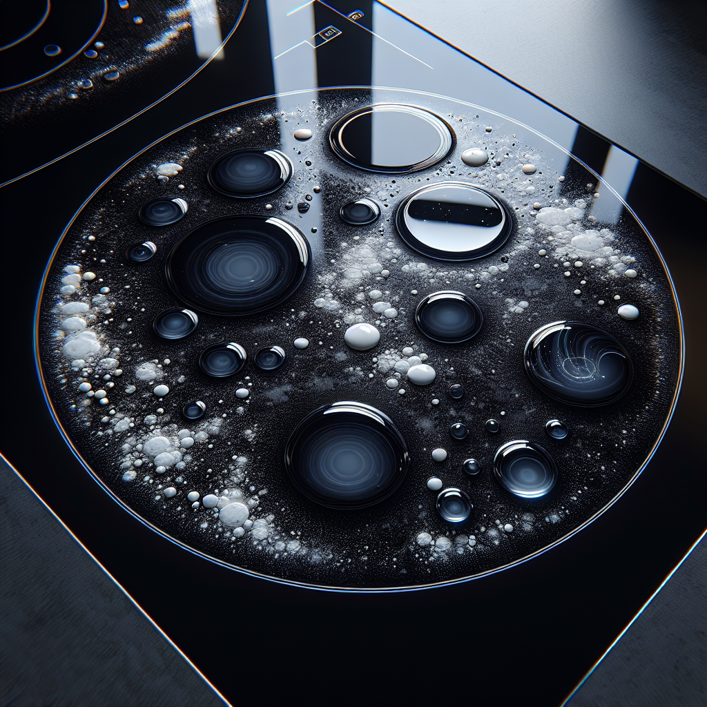 A detailed, high-angle shot of a glossy black ceramic hob covered in various white imperfections: circular limescale rings, speckled white residue from dried milk or water, and a few faint white streaks. The stains are prominent against the reflective dark surface, conveying the common problem discussed in the article. Modern kitchen lighting highlights the texture of the stains.