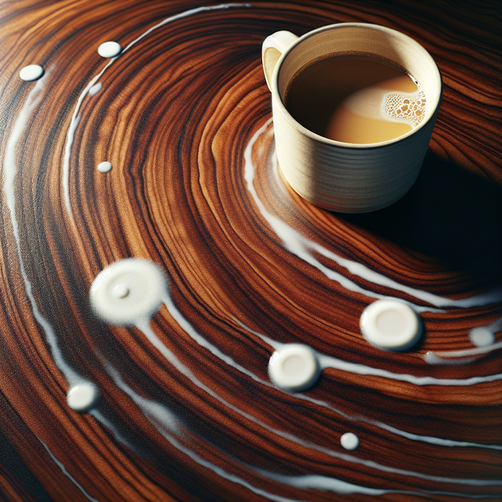 A close-up, high-angle shot of a beautiful, dark polished wooden table surface with several distinct, milky white rings and spots prominently visible. A ceramic coffee mug, perhaps slightly steaming, is placed next to one of the white stains, hinting at the cause. The lighting emphasizes the contrast between the rich wood grain and the unappealing white marks. Realistic, detailed, warm natural light, blog article style.