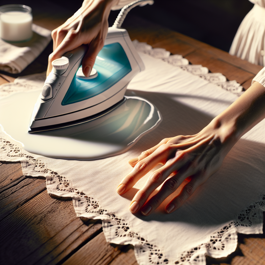 A pair of hands gently placing a clean, dry white cotton cloth over a milky white stain on a wooden table. A vintage-style iron, set to low heat (no steam), is carefully hovering just above the cloth, ready to be applied. The focus is on the methodical action of applying a home remedy to the damaged table surface. Soft, focused lighting, realistic, blog article style.