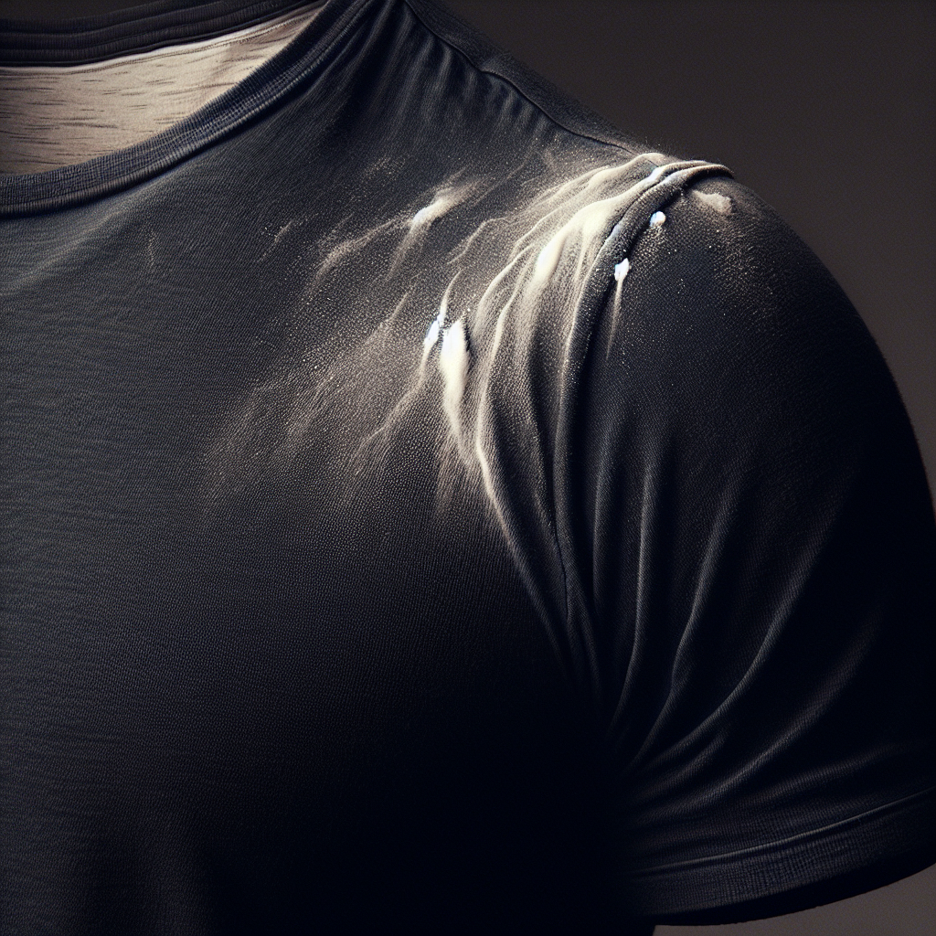 Close-up, realistic photo of a dark (e.g., black or navy blue) cotton t-shirt with prominent, stubborn white deodorant or sweat stains under the armpit area. The fabric texture is clearly visible, and the stains appear frustrating and unsightly. Soft, natural lighting emphasizes the contrast between the dark fabric and the white residue.