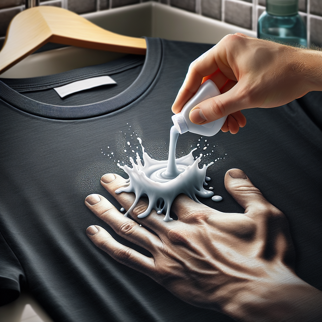 A hand gently applying a small amount of clear liquid (representing a cleaning solution like vinegar) directly onto a white stain on a deep black t-shirt. The background is softly blurred, suggesting a laundry room or bathroom sink area. The scene conveys the act of careful and effective stain removal. Realistic photography style.