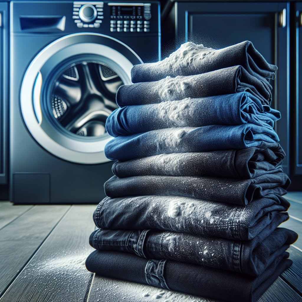 Close-up of a neatly folded stack of freshly laundered dark clothes (e.g., dark blue, black), but one item on top clearly shows annoying white powdery or flaky stains. In the background, a modern washing machine drum is slightly visible. The lighting is bright, emphasizing the stains and the sense of a frustrating laundry problem. Realistic photo, high detail.