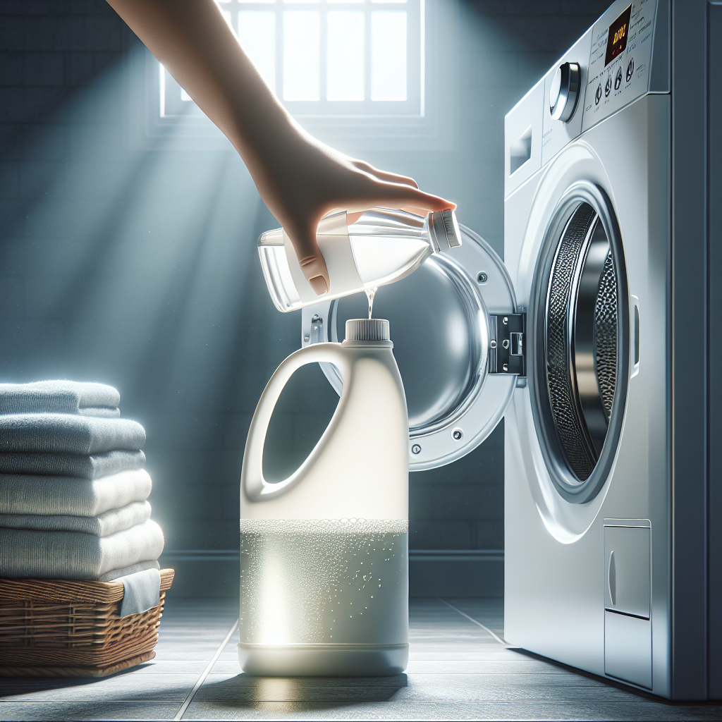 A human hand carefully pouring white vinegar or a solution of citric acid from a generic bottle into the empty detergent dispenser of a sleek, modern washing machine. The scene is brightly lit, emphasizing cleanliness and the act of maintenance. A small, clean stack of stain-free laundry is subtly visible in the background, hinting at successful results. Photorealistic, clean aesthetic.