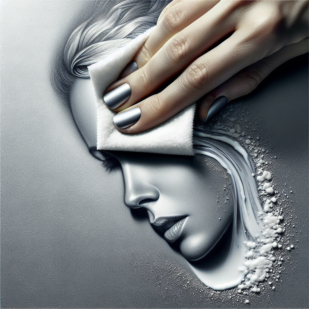 A hand gently wiping a section of an aluminum surface with a soft cloth, revealing a sparkling, clean area free of white spots. The adjacent area still shows faint white stains, illustrating the cleaning process. A small bowl of baking soda paste or a bottle of vinegar is subtly blurred in the background. Bright, clean, and effective aesthetic.