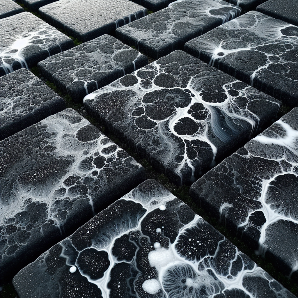Close-up shot of dark grey concrete patio pavers covered in distinct white efflorescence and lime scale deposits. The white stains are prominent and streaky, contrasting sharply with the wet or slightly damp paver surface. Natural outdoor lighting, capturing the rough texture of the concrete. Emphasize the visual imperfection caused by the white spots.