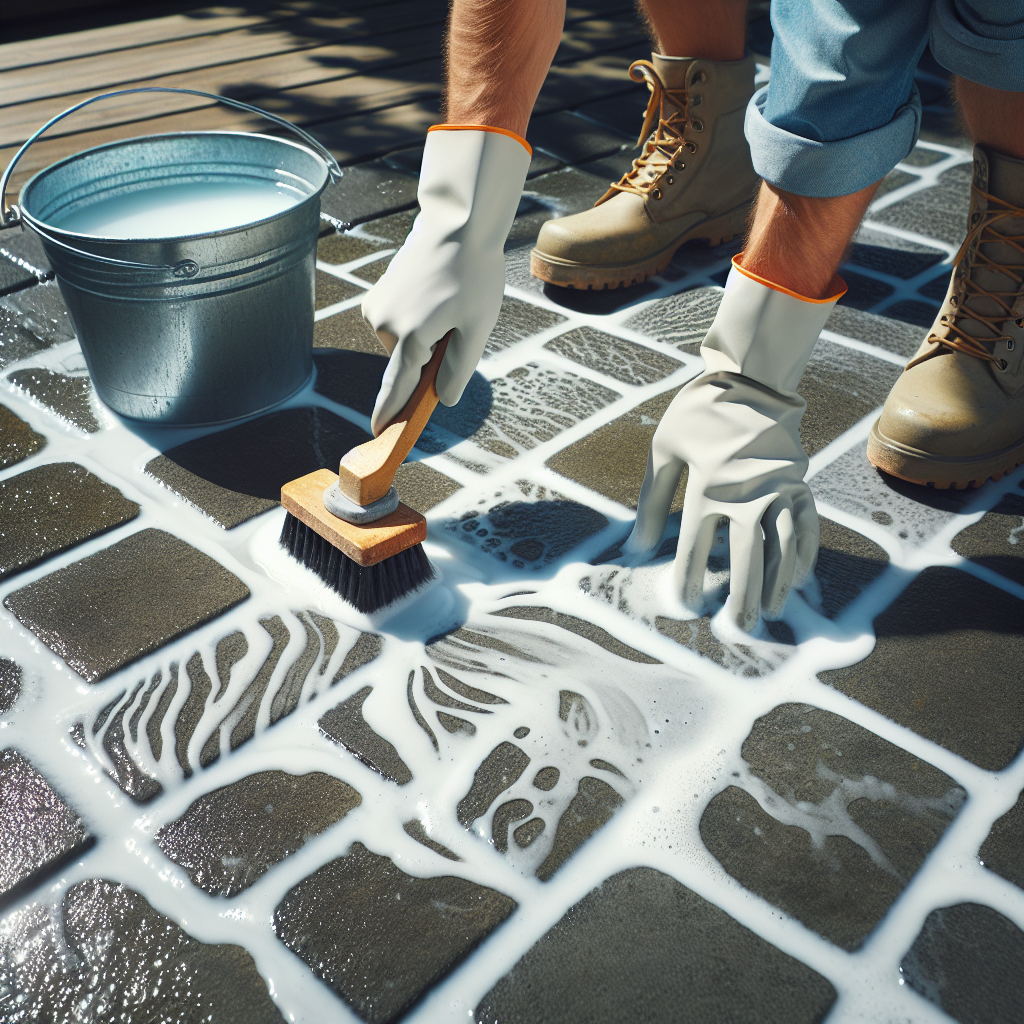 A person's gloved hand is actively scrubbing stubborn white efflorescence and lime stains off dark grey concrete pavers using a stiff bristled brush and a bucket of water mixed with a natural cleaning agent like vinegar or citric acid. The scene is outdoors on a sunny day, showing a small area where the cleaning has begun, revealing cleaner pavers next to still-stained sections. Focus on the cleaning action and the effectiveness.