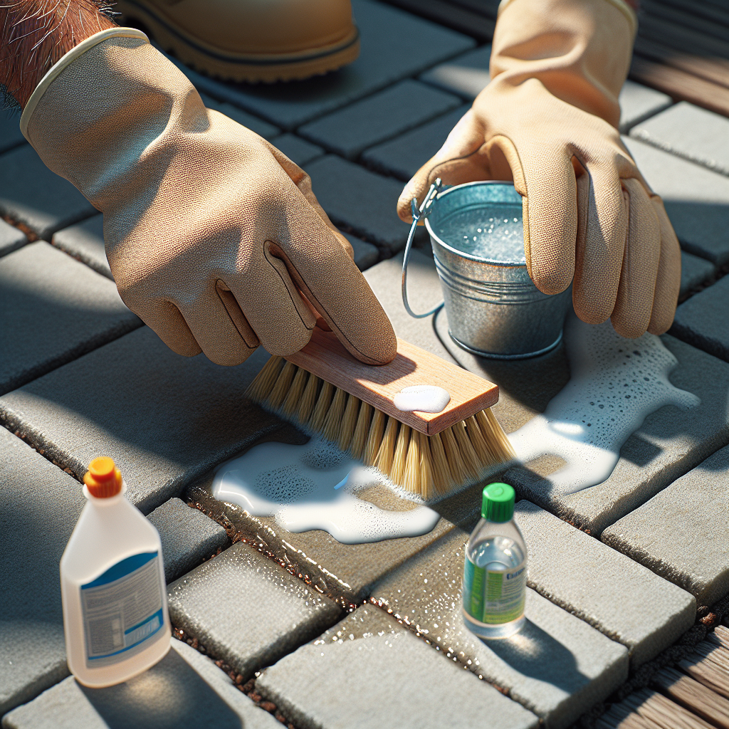 An outdoor scene showing a person's hands wearing work gloves, vigorously scrubbing a concrete patio slab with a stiff-bristled brush. A small bucket of cleaning solution (vinegar bottle nearby, implied) is next to the slab. The area being scrubbed is starting to look cleaner, emphasizing the action of removing white spots. Bright, natural daylight.