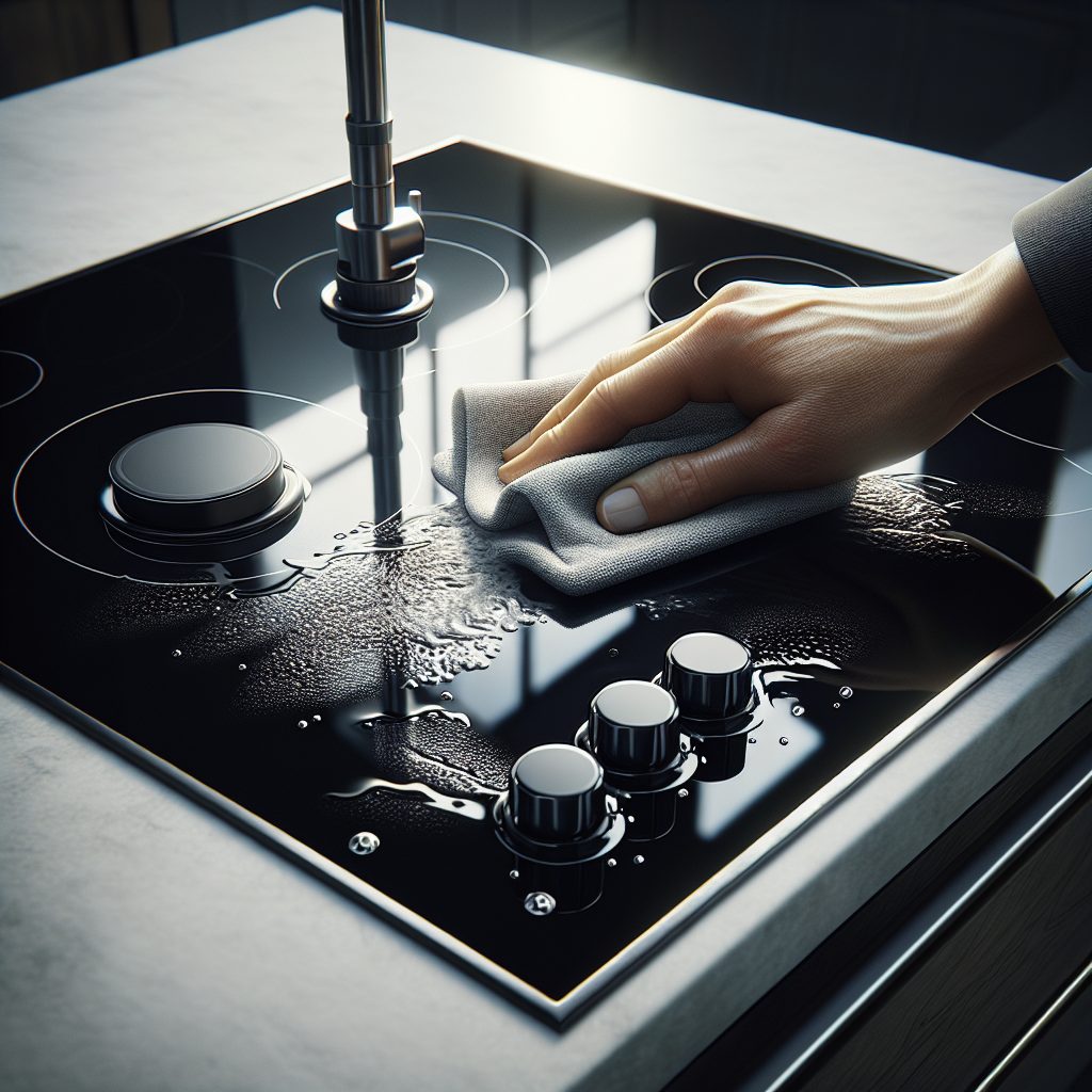 A close-up, high-angle shot of a sleek, black ceramic hob in a modern kitchen, clearly showing stubborn white stains and mineral deposits on its surface. In the foreground, a hand gently wipes a section of the hob with a soft, damp microfiber cloth, revealing a clean, glossy finish underneath. The scene conveys the process of effective cleaning. Realistic photography style, bright and natural lighting.