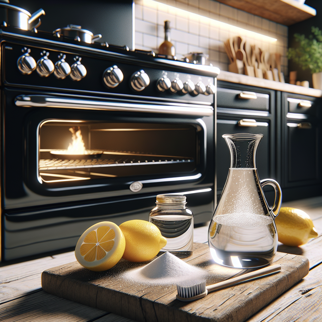 A vibrant, eye-level shot of a sparkling clean, glossy black ceramic hob, reflecting the warm lights of a modern kitchen. Next to it, an elegant arrangement of natural cleaning ingredients: a fresh lemon cut in half, a small glass bottle of white vinegar, and a small pile of baking soda (Natron) on a rustic wooden board. The overall image evokes cleanliness, effectiveness, and natural solutions. High-quality product photography style, bright and inviting.