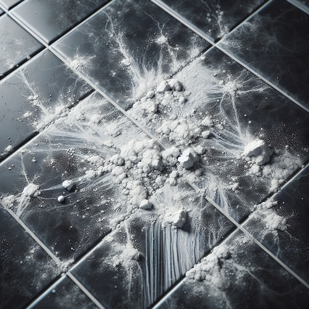 Close-up of prominent white, chalky mineral stains covering dark grey or black bathroom tiles. The grout lines are also affected by the white residue. The scene captures a slightly frustrating and unclean feeling, with soft, diffuse lighting emphasizing the texture of the stains. Realistic, high-detail photograph.