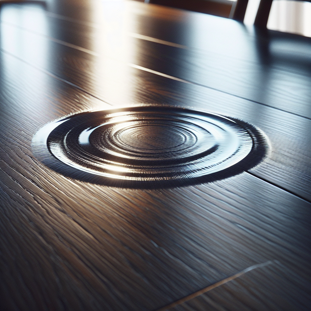A close-up shot of a prominent, clear white water ring stain on a polished, dark wooden dining table. The table's surface reflects ambient light, highlighting the imperfection and creating a subtle sense of a problem to be solved. Soft, natural lighting.