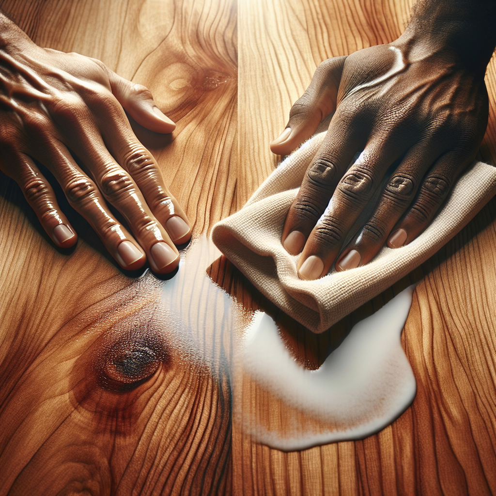 A pair of hands gently wiping away a white stain from a warm-toned wooden surface (like a table or desk) with a soft cloth, revealing the clean, restored wood underneath. The focus is on the successful removal and the beautiful, intact texture of the wood. Bright, clean, and optimistic lighting, showcasing the solution.