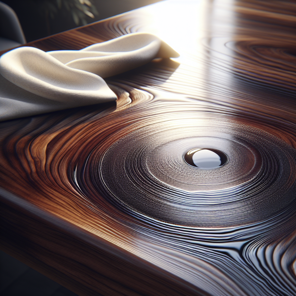 A close-up, top-down shot of a beautifully polished dark wooden dining table with a distinct white water ring stain. The wood grain is clearly visible, and the scene is lit with warm, natural light. In the background, a soft, clean cloth is gently laid nearby, ready for cleaning. Realistic, high-detail photography, clean aesthetic.