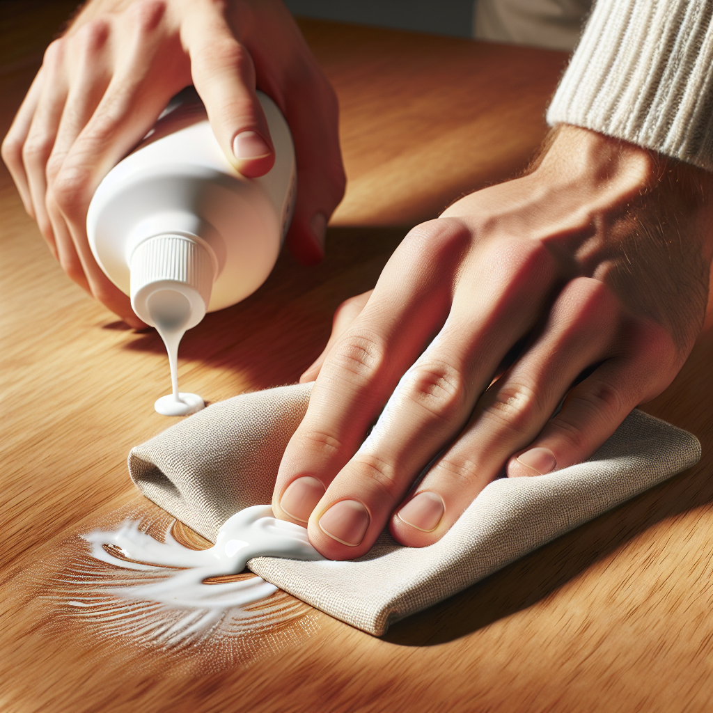 A clear, close-up shot of a person's hand, holding a soft white cloth with a small dab of white toothpaste, gently rubbing it onto a white heat stain on a polished wooden table. The focus is on the hand and the area being cleaned, showing the texture of the wood and the toothpaste. Bright, clean lighting, realistic photography style.