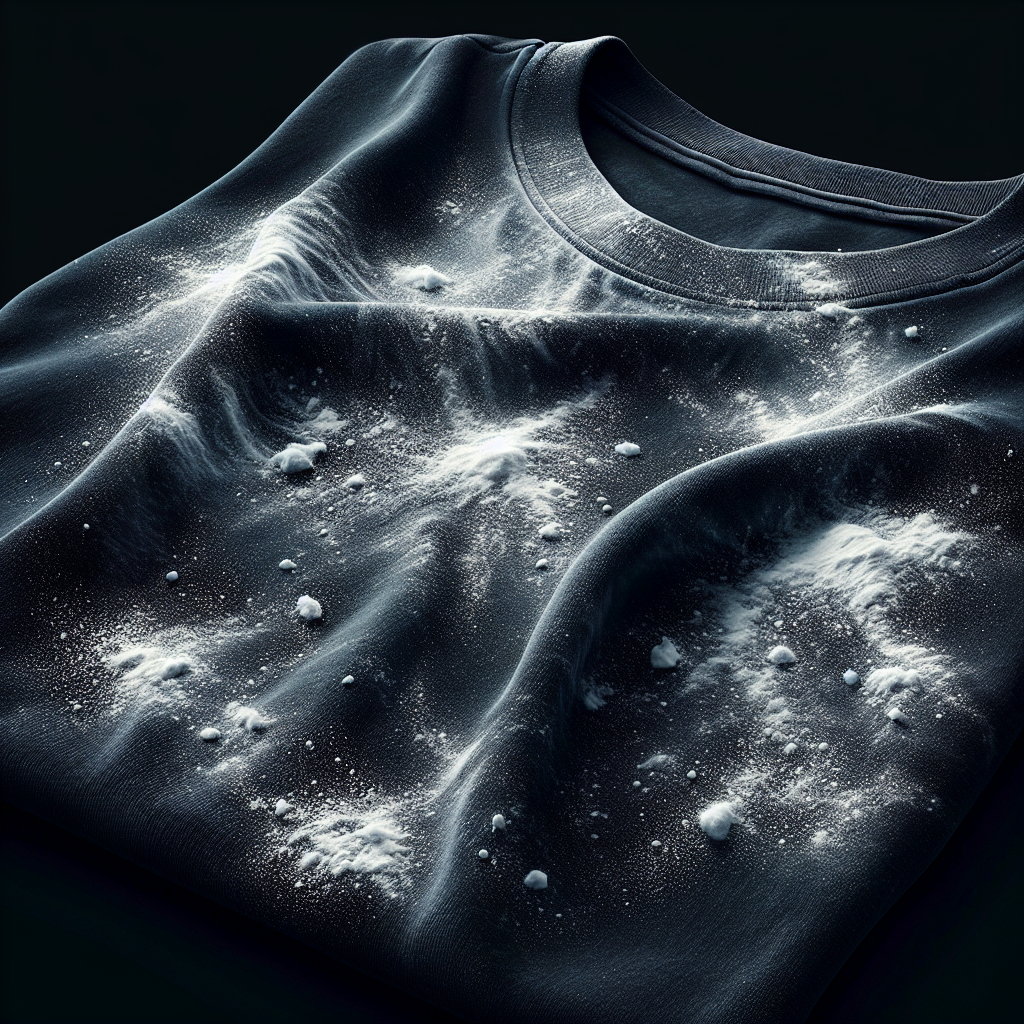 Close-up of a dark blue or black t-shirt with distinct white powdery stains and residue after washing, causing visible frustration. The fabric is slightly creased, indicating it just came out of a laundry cycle. Realistic photo, detailed texture.